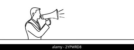 Frau, die Megaphon hält, um fortlaufende Linien zu sprechen. Die Person hält einen Megaphonlautsprecher in einer einzeiligen Illustration. Editierbarer Vektor. Stock Vektor