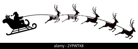 Der Weihnachtsmann reitet mit einem Schlitten im Hartzeug auf dem Rentier. Stock Vektor