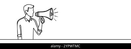 Frau, die Megaphon hält, um fortlaufende Linien zu sprechen. Die Person hält einen Megaphonlautsprecher in einer einzeiligen Illustration. Editierbarer Vektor. Stock Vektor