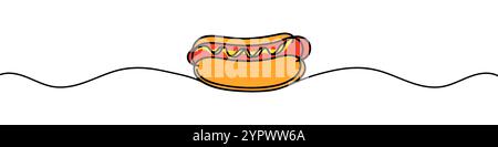 Hot-Dog-Einzeilenzeichnung. Lange Brötchen, wiener Wurst, Gemüse, Saucen. Lineare Vektordarstellung Stock Vektor