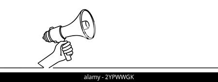 Frau, die Megaphon hält, um fortlaufende Linien zu sprechen. Die Person hält einen Megaphonlautsprecher in einer einzeiligen Illustration. Editierbarer Vektor. Stock Vektor