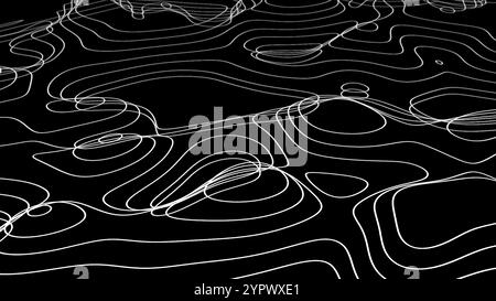 Topografischer 3D-Kartenhintergrund in Schwarzweiß Konzept abstrakter Hintergrund. Hintergrund der Wellenlinien der Raumplanung Stockfoto