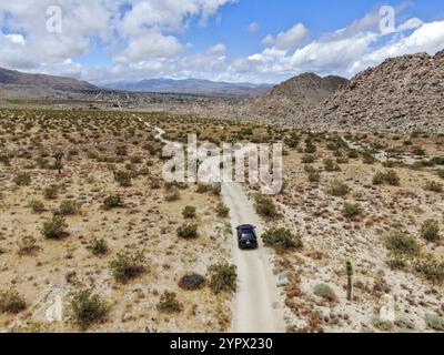 Aus der Vogelperspektive eines Geländewagens, das in der Wüste abseits der Straße fährt. Joshua Tree National Park. Amerikanischer Nationalpark im Südosten Kaliforniens. SUV fahren in AR Stockfoto