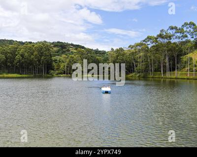 Luftaufnahme eines Paares auf dem Tretboot auf dem See in Brasilien. Drohnenblick auf die romantische Szene eines Paares auf dem Tretboot mit Berg und Wald auf der Ba Stockfoto