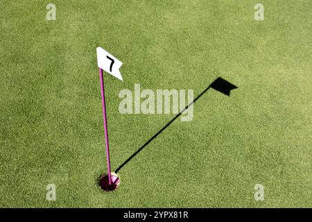 Loch mit kleiner Flagge am Minigolfplatz markiert. Nummernflagge auf einem Minigolfplatz Stockfoto