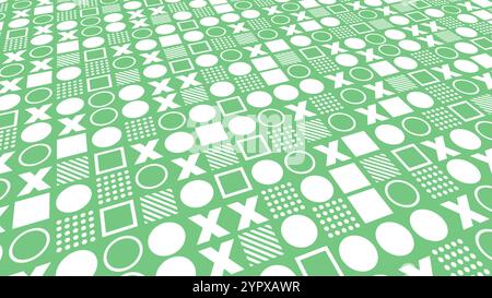 Sich wiederholendes Muster von geometrischen Formen mit Kreis-, Quadrat- und X-abstraktem Hintergrund Stockfoto