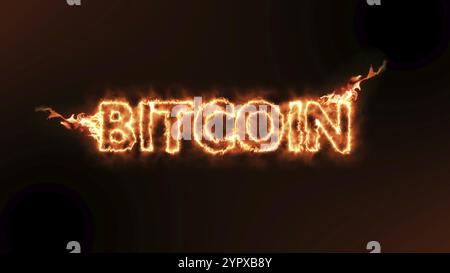 Bitcoin-Kryptowährung brennt über schwarzem Hintergrund. Kryptowährung auf dem Markt Stockfoto