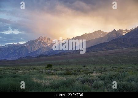 Bergkette mit bewölktem farbenfrohen Sonnenuntergang, Eastern Sierra Nevada Mountains, Mono County, Kalifornien, USA, Nordamerika Stockfoto