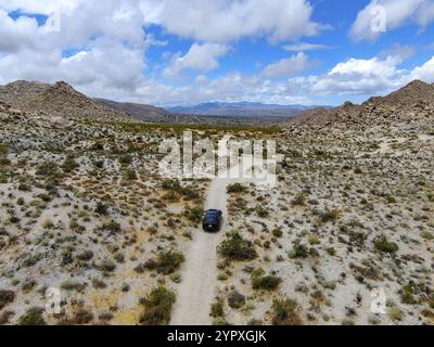 Aus der Vogelperspektive eines Geländewagens, das in der Wüste abseits der Straße fährt. Joshua Tree National Park. Amerikanischer Nationalpark im Südosten Kaliforniens. SUV fahren in AR Stockfoto