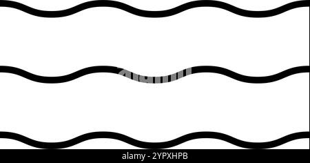 Symbol Kurven. Wellige horizontale schwarze Linien, die auf weißem Hintergrund isoliert sind. Wassersymbol. Ozean-, Meer-, Fluss- oder Seeschild. Piktogramm Luft, Wind, Strömung oder Strömung. Vektorkontur, Abbildung. Stock Vektor