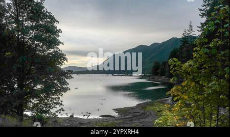 Frühmorgendliches Licht auf dem Lake Cushman mit den Olympischen Bergen im Hintergrund Stockfoto