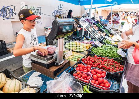 Civitavecchia Italien,Piazza Regina Margherita,Mercato di Civitavecchia,San Lorenzo Markt,Mercato Coperto,Mercato della Piazza,Junge Jugendliche arbeiten,f Stockfoto