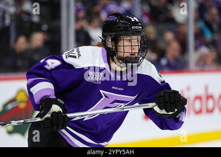 19. November 2024: Minnesota Frost Stürmer Dominique Petrie (14) beobachtet den Puck während eines PWHL Hockeyspiels zwischen den New York Sirens und den Minnesota Frost im Xcel Energy Center in St. Paul, Minnesota. Steven Garcia-CSM Stockfoto