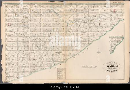 Platte 33: Begrenzt durch Atlantic Avenue, Rockaway Avenue, St. Marks Avenue, Hopkinson Avenue, Prospect Place, Saratoga Avenue, Butler Street, Howard Avenue, Douglass Street, Ralph Avenue, Eastern Parkway, Buffalo Avenue, President Street, Utica Avenue, Carroll Street, Schenectady Avenue, Crown Street, Troy Avenue, Montgomery Street und Albany Avenue 1880 Stockfoto