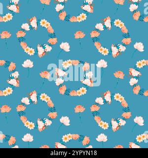 Ein auffallend schönes Blumendesign mit einer Vielzahl von Herzen und leuchtenden Blumen vor einem lebhaften türkisfarbenen Hintergrund. Nahtloses Aquarellmuster zum Drucken auf Papier und Stoff. Stockfoto