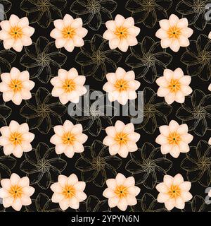Dieses nahtlose Blumendesign zeigt elegante Pfirsichblüten auf einem komplizierten Umriss vor dunklem Hintergrund. Aquarellmuster zum Drucken auf Papier und Stoff. Stockfoto