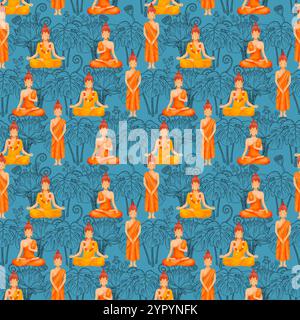 Ein kompliziertes und lebendiges, sich wiederholendes Desidn mit verschiedenen Buddha-Figuren, die wunderschön vor einem blauen Hintergrund stehen. Nahtloses Aquarellmuster zum Drucken auf Papier und Stoff. Stockfoto