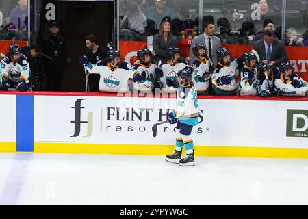 19. November 2024: Alex Carpenter (25) feiert ein Tor während eines PWHL-Hockeyspiels zwischen den New York Sirens und den Minnesota Frost im Xcel Energy Center in St. Paul, Minnesota. Steven Garcia-CSM Stockfoto