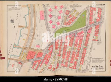 Double Page Plate No. 15, Teil von Section 11, Borough of the Bronx: [Bounded by Landing Road, Webb Avenue, W. 188th Street, Grand Avenue, W. 184th Street, Aqueduct Avenue East, W. 183rd Street, Sedgwick Avenue, W. 182nd Street, Cedar Avenue, W. Fordham Road and (Harlem River) Exterior Street] 1938 - 1957 Stockfoto