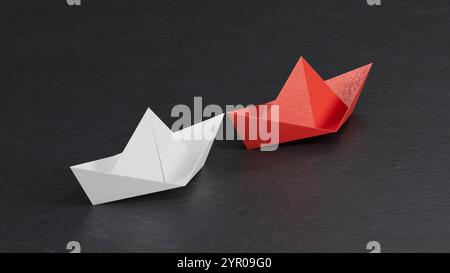 Schiff der Origami-Vogelliebhaber mit Herz. 3D Illustration Vogelpapierkran, Vogelpapierhandwerk für Hiroshima Gedenktag und Valentinstag Minima Stockfoto