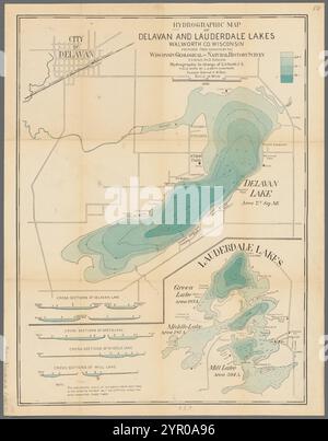 Hydrographische Karte von Delavan und Lauderdale Lake, Walworth Co., Wisconsin 1898 von Birge, E. A. (Edward Asahel), 1851-1950 Stockfoto