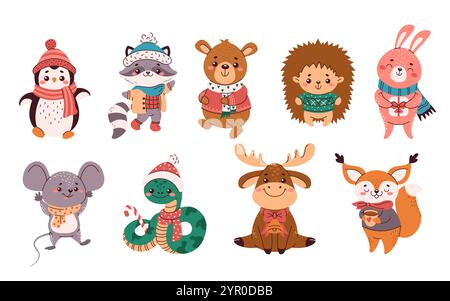 Niedliche Tiere im Winter Outfits flache Farbe Vektor Objekte Set. Symbole für Weihnachten und Neujahr bündeln sich auf weißem Hintergrund Stock Vektor