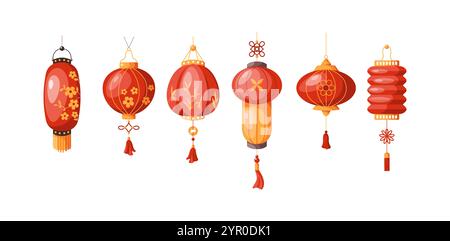Leuchtende rote asiatische Laternen Dekor flache Farbe Vektor Objekte Set. Orientalische Feiertage traditionelle Dekorationen auf weißem Hintergrund Stock Vektor