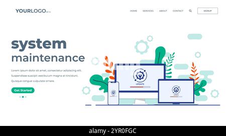 Desktop-Computer, Laptop, Smartphone mit Update-Bildschirm, Systemwartung, Aktualisierungsprozess, Software installieren, Betriebssystem, Flachvektorillustrat Stock Vektor