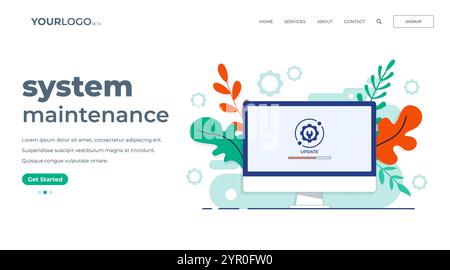 Desktop-Computer mit Update-Bildschirm, Systemwartung, Aktualisierungsvorgang, Software installieren, Betriebssystem, Landingpage für flache Vektorabbildungen Stock Vektor