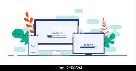 Ladebalken auf dem Bildschirm von Desktop-Computer, Laptop, Smartphone, Systemsoftware-Update, Upgrade oder Ladeprozess flache Vektorgrafik Landing Stock Vektor