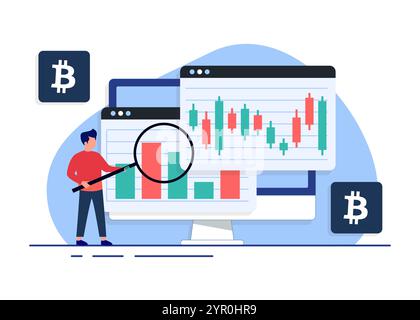 Krypto- oder Börsendiagramm und Kerzendiagramm auf Desktop-Computer-Bildschirm, Technische Analyse, Handel, Finanzwesen-Konzept flache Vektorillustration Stock Vektor