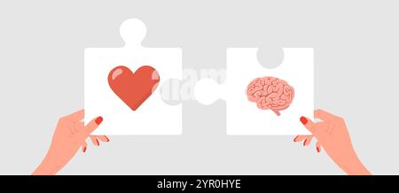 Gehirn-Herz-Balance. Emotionale Intelligenz. Weibliche Hände verbinden Rätsel mit menschlichem Herz und Gehirn. Verbindung zwischen Geist und Stock Vektor