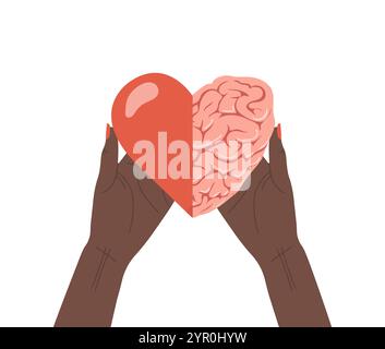 Herz-Hirn-Verbindung. Vernünftige und emotionale Wahl. Afrikanische weibliche Hand, die Herz mit Gehirn hält. Vektorabbildung in flach Stock Vektor
