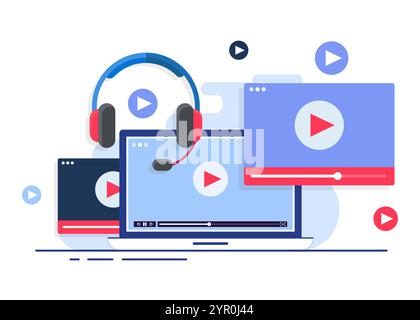 Video-Player auf Laptop-Bildschirm mit Kopfhörerabbildung, Konzept des Online-Videos, Filme, Lernmaterialien, Webkurse, ein Stock Vektor