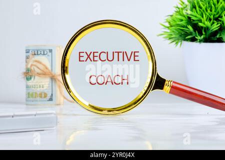 Geschäftskonzept. Der Text, das Wort EXECUTIVE COACH, ist durch eine Lupe in Nahaufnahme auf grauem Hintergrund geschrieben. Stockfoto