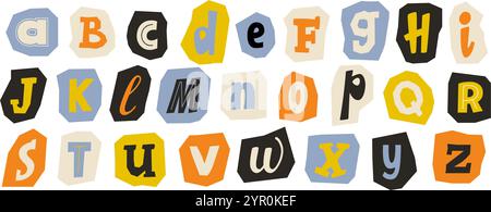Schneide die Papierkollektion aus. Buntes Collage-Set mit verschiedenen Buchstaben. Niedliches Bastelkritzel Kid Schriftelemente Bundle für Dekoration, Poster, Banner, Druck. Ransom Erpressung abc-Pack. Vektor Stock Vektor