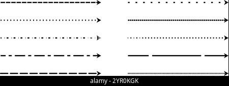 Schwarzer gerader, dünner gestrichelter Pfeil. Sammlung mit langen gepunkteten Pfeilen. Skizzierte Zeiger und Richtungslinien kritzeln. Umrissstreifen-Element-Paket für Flyer, Poster, Broschüre, Broschüre, Banner. Vektor Stock Vektor