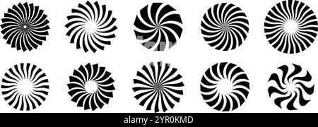 Set aus rotierenden schwarzen Kreisstrahlen und -Strahlen. Radialer Sonnenschliff-Elementsatz. Rund drehende Wirbel, Sterne, Räder und Wirbel. Illustrationspaket für Banner, Abzeichen, Aufkleber, Poster, Logo. Vektor Stock Vektor