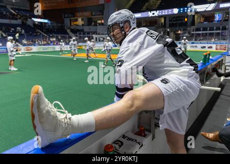 Rochester, New York, USA. November 2024 30. Las Vegas Desert Dogs Transitional Shane Simpson (22) ist vor dem A-Spiel gegen die Rochester Knighthawks ausgetragen. Die Rochester Knighthawks veranstalteten die Las Vegas Desert Dogs in einem Spiel der National Lacrosse League in der Blue Cross Arena in Rochester, New York. (Jonathan Tenca/CSM). Quelle: csm/Alamy Live News Stockfoto