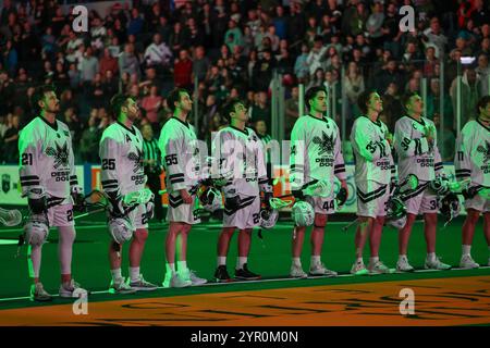 Rochester, New York, USA. November 2024 30. Die Spieler der Las Vegas Desert Dogs stehen während der Nationalhymne vor einem Spiel gegen die Rochester Knighthawks. Die Rochester Knighthawks veranstalteten die Las Vegas Desert Dogs in einem Spiel der National Lacrosse League in der Blue Cross Arena in Rochester, New York. (Jonathan Tenca/CSM). Quelle: csm/Alamy Live News Stockfoto