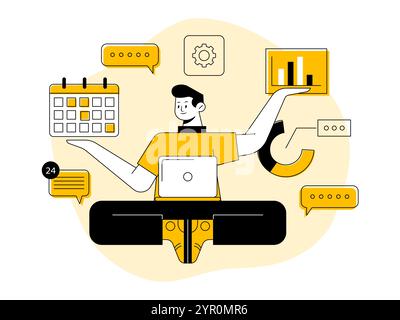 Geschäftsmann-Meditation, Stressabbau und Problemlösung flache Illustration Vektorkonzept, Business Yoga Konzept, Multitasking, Zeitmanagement, Pro Stock Vektor