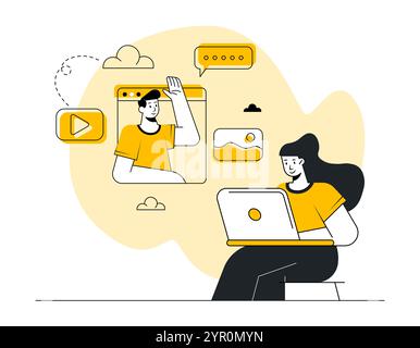 Geschäftsleute bei Videokonferenzanruf, Online-Meeting, virtuelles Meeting, Online-Chat mit Freunden, Remote-Arbeit, Kundendienstkommunikation, H Stock Vektor