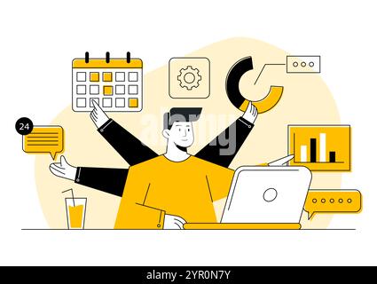 Multitasking Business Person Flat Illustrations Konzept, Deadline, Mann im Büro mit viel Arbeit, Mitarbeiter gestresst am Arbeitsplatz, Multitasking-Aktivitäten Stock Vektor