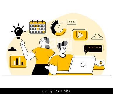 Multitasking Business People Flat Illustrations Vektor Konzept, Brainstorming, Teamwork, Mitarbeiter arbeiten zusammen, neue Ideen, Problemlösung, Produc Stock Vektor