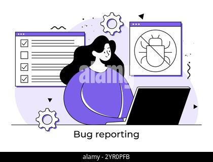 Bug-Behebung von flachen Illustrationen Konzept, Softwareproblem oder Systemfehler, weibliche Entwickler beheben Systemfehler oder Bugs, Softwareentwicklungsprozess Stock Vektor