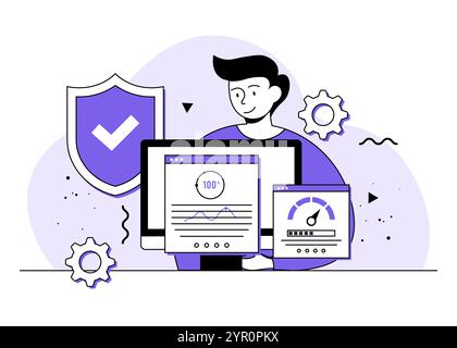 Usability Testing Flat Illustrations Concept, QS Engineering, Entwickler, Tester suchen Bugs, Website Testing, Software-Optimierungsprozess, Beta te Stock Vektor