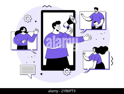 Digital Marketing flache Illustration Vektor Konzept, Influencer Marketing, Empfehlungstreuprogramm, Mann Stand mit Megaphon, Empfehlen Sie einen Freund, Empfehlen Stock Vektor