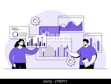 Geschäftsleute, die sich Diagramme und Diagramme von Geschäftsdaten ansehen, Geschäftsdaten analysieren, Geschäftsdaten analysieren, Analysen und Forschung, Finanzen Stock Vektor