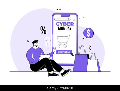 Cyber Monday Angebote, Online-Shopping flache Illustration Vektor Konzept, Sonderangebot, Rabatte, E-Commerce, Digital Store, E-Shop, Online-Shop Websi Stock Vektor