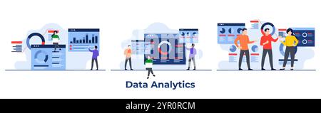 Eine Reihe von Business Analytics-Konzepten, Ein Team von Spezialisten, die sich mit Business Analytics-Dashboards, SEO-Optimierung, Finanzberichten, Statistiken, F befassen Stock Vektor